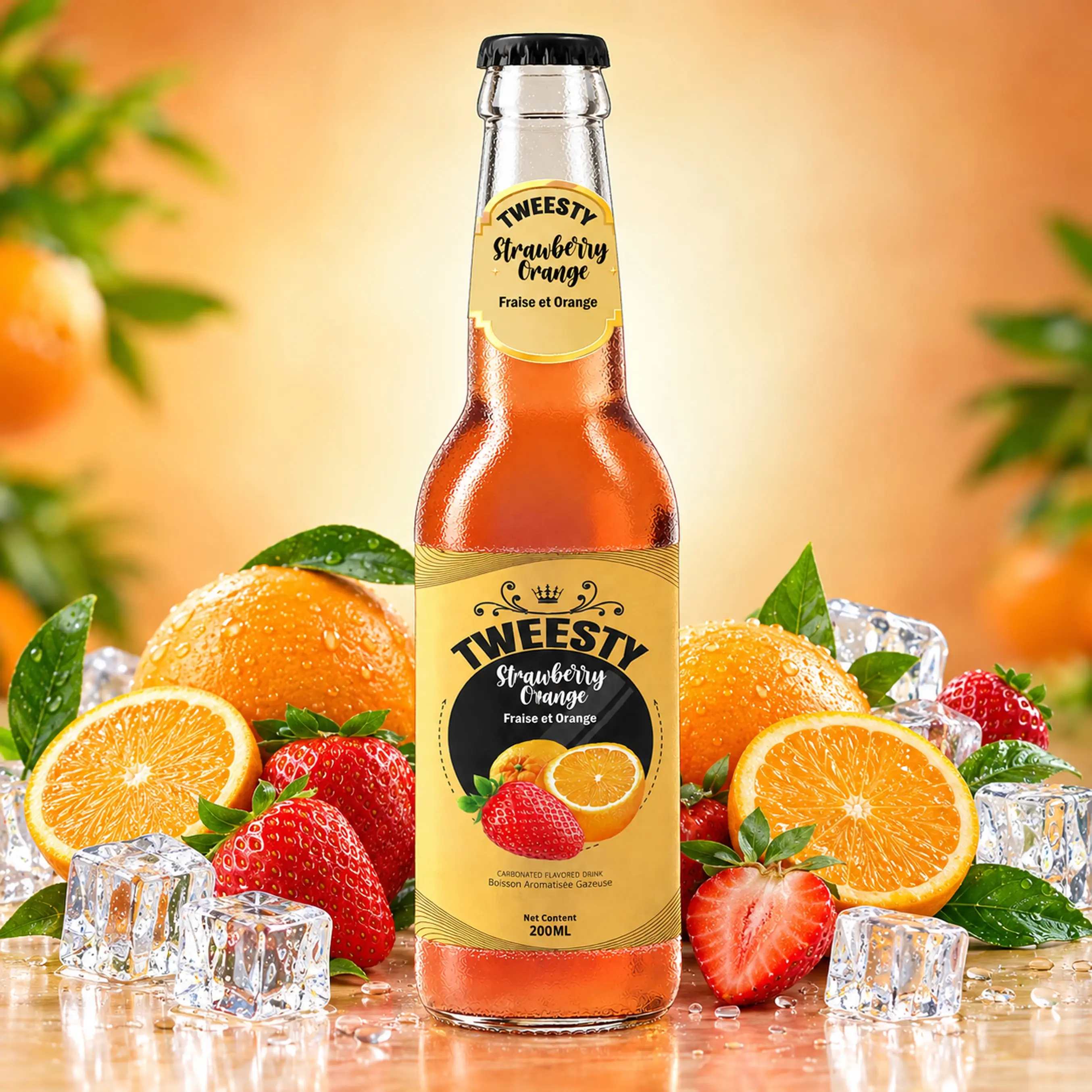TWEESTY Strawberry Orange carbonated flavoured drink 200ml glass bottle with fresh strawberries, oranges and ice